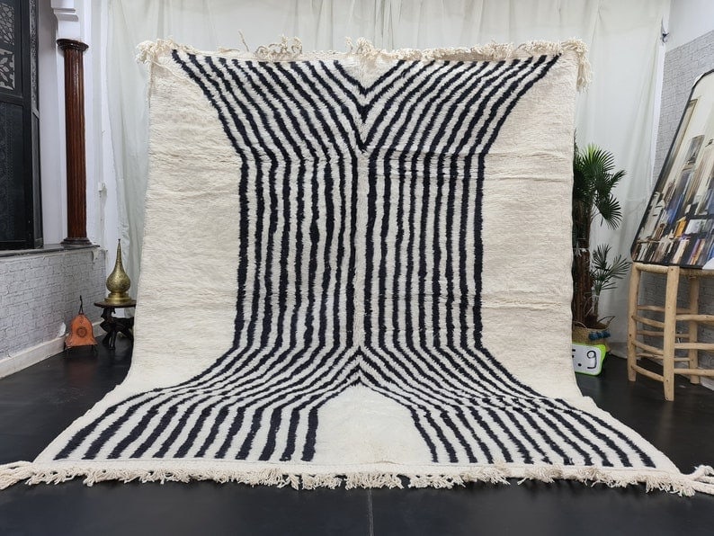 Handmade Moroccan Berber Wool Rug 9.84 x 6.56 Feet: Handmade Moroccan Berber Wool Rug 9.84 x 6.56 Feet Experience the charm of Morocco with this Fabulous Soft Black & White Handmade Moroccan Berber Wool Rug. Handwoven in the Atlas Mountains by skilled 