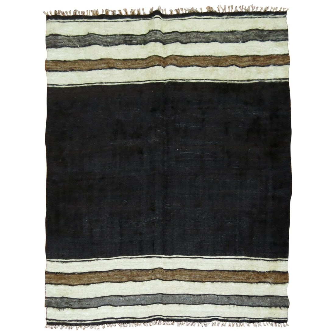 Mid-Century Turkish Mohair Rug Minimalist Design 48x63 in: Mid-Century Turkish Mohair Rug Minimalist Design 48x63 in This striking 20th Century Turkish Mohair rug features a minimalist design, beautifully showcasing a harmonious blend of black, ivory, gray, a
