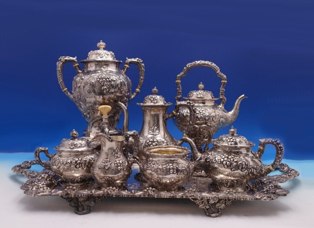 Gorham Modernic Sterling Silver 7pc Tea Set with Silverplate Tray: Gorham Modernic Sterling Silver 7pc Tea Set with Silverplate Tray Presenting an exquisite seven-piece sterling silver tea set by Gorham, crafted in the rare Modernic pattern around 1905. This remarkab