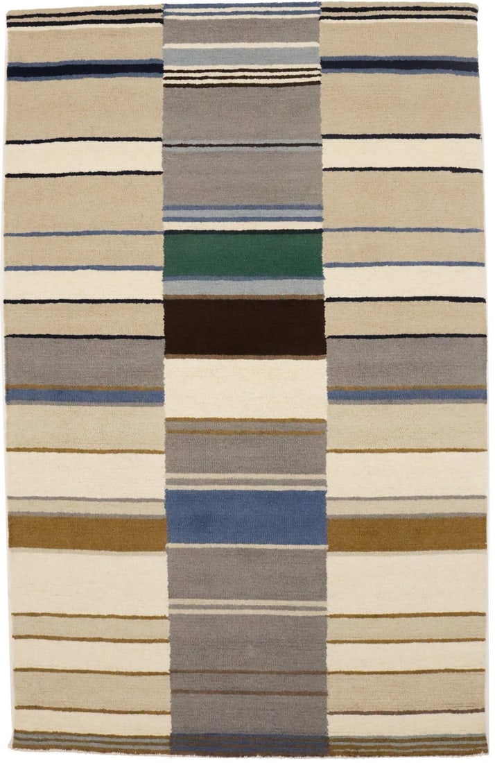 Hand-Tufted Multicolored Stripes 5x8 Modern Kids Room Rug: Hand-Tufted Multicolored Stripes 5x8 Modern Kids Room Rug Enhance your kids' room with this vibrant Hand-Tufted Multicolored Stripes Rug, perfect for any modern space. Made from high-quality wool, thi