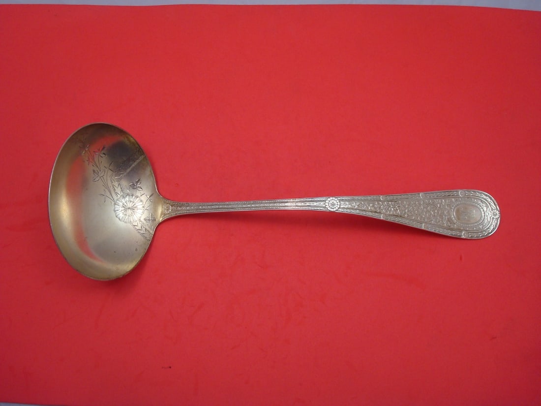 Whiting Sterling Silver 12" Soup Ladle Laureate Brite Cut Flowers: Whiting Sterling Silver 12" Soup Ladle Laureate Brite Cut Flowers This exquisite soup ladle features a beautiful Brite Cut Flowers design in the bowl, part of the Laureate pattern by Whiting. Crafted 