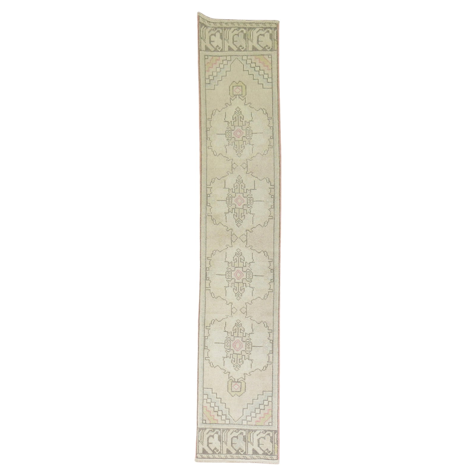 Mid-20th Century Hand-Knotted Turkish Runner Wool 1'10 x 9'3 Adirondack Style: Mid-20th Century Hand-Knotted Turkish Runner Wool 1'10 x 9'3 Adirondack Style This mid-20th century skinny Turkish runner features a geometric design crafted from high-quality hand-knotted wool, showc