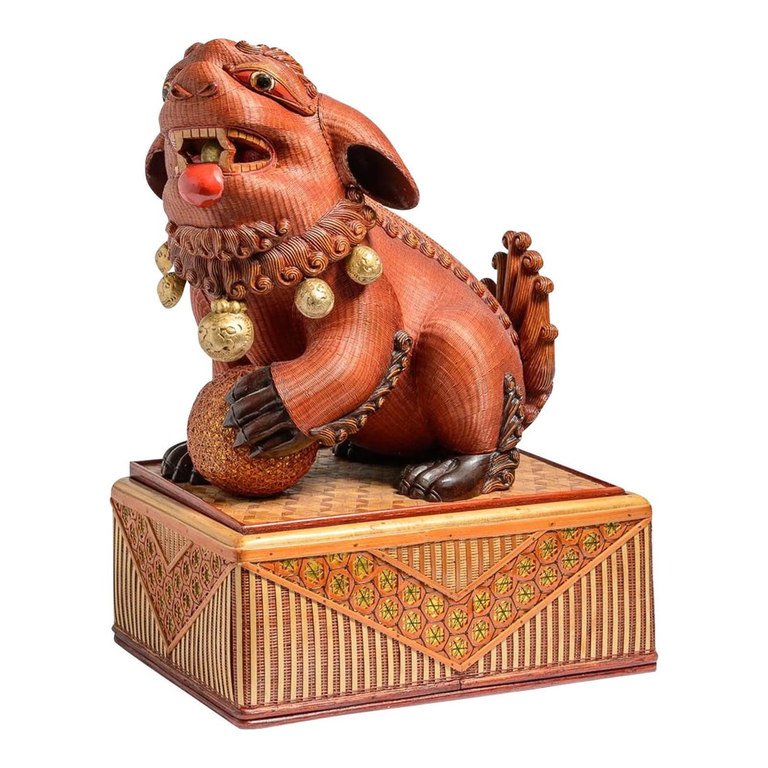 Vintage Woven Wicker Foo Dog Box with Stand Shanghai 1960s (1 of 7)