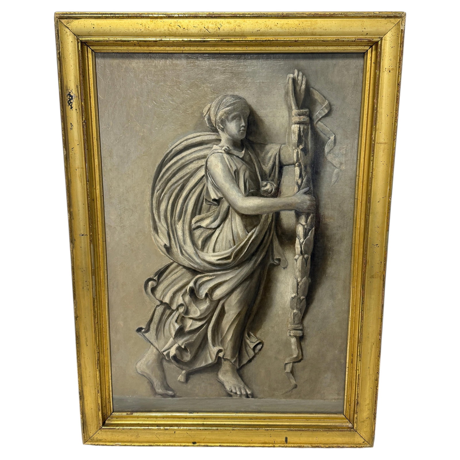 Grand Tour grisaille Victory allegory on canvas in giltwood frame: Grand Tour grisaille Victory allegory on canvas in giltwood frame This 19th-century neoclassical grisaille oil painting exemplifies the Grand Tour style, featuring a trompe-l'oeil technique that imita