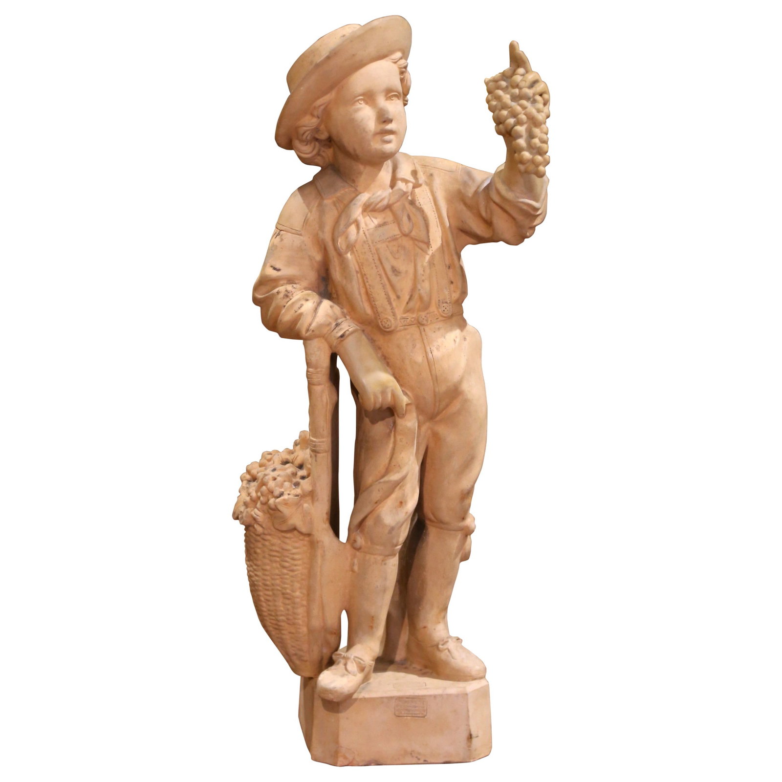 19th Century French Terracotta Sculpture Le Vendangeur by Mandeville et Bernier: 19th Century French Terracotta Sculpture Le Vendangeur by Mandeville et Bernier This remarkable 19th-century French terracotta sculpture, titled "Le Vendangeur" ("The Grape Harvester"), exemplifies th