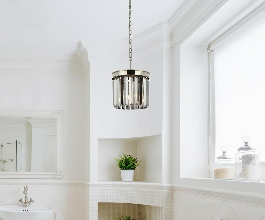 Sydney 12 in Crystal Pendant Light Polished Nickel 3-Light: Sydney 12 in Crystal Pendant Light Polished Nickel 3-Light Modern 3-light pendant ceiling light with silver shade crystals and a polished nickel frame. It features a round shade shape, adjustable heig