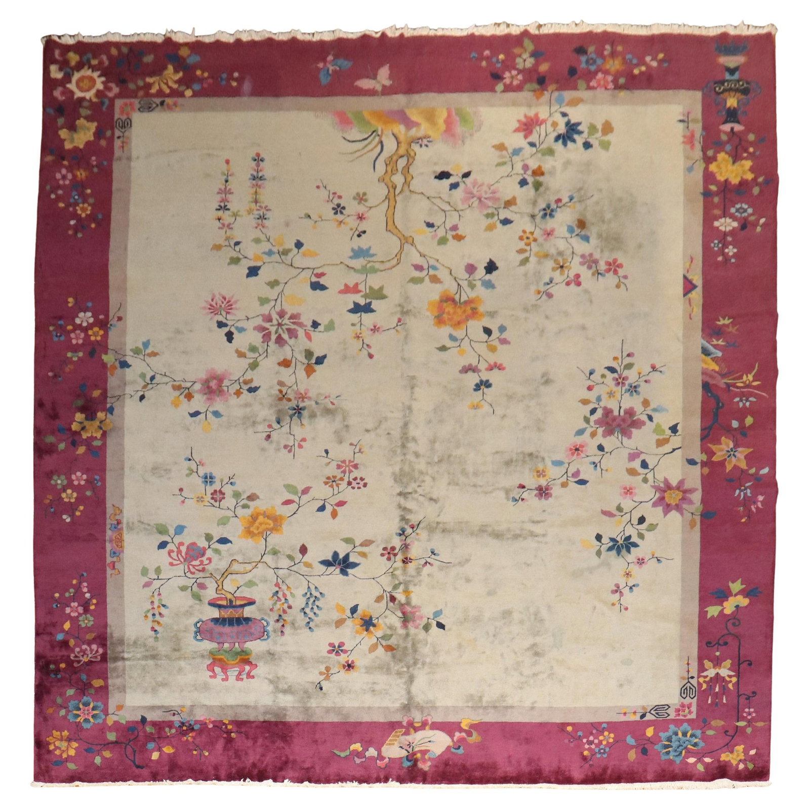 Large Art Deco Chinese Wool Rug 12'1 x 14'6 Hand-Woven Circa 1930: Large Art Deco Chinese Wool Rug 12'1 x 14'6 Hand-Woven Circa 1930 This stunning large Chinese Art Deco room size rug features a beautiful floral design on a silver field, bordered by a rich plum hue. 