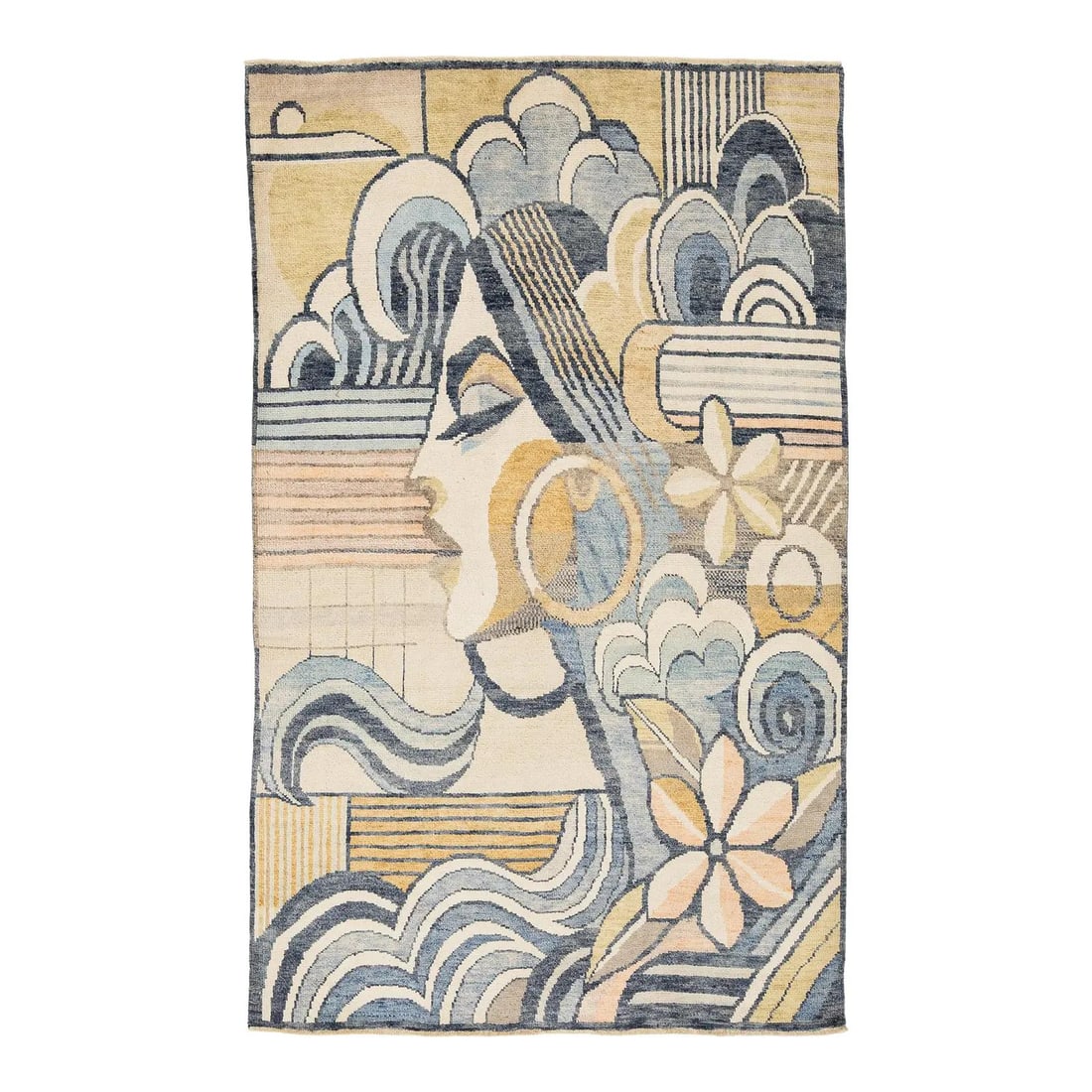 5'3 x 8'6 Wool Art Deco Portrait Rug Blue Gold: 5'3 x 8'6 Wool Art Deco Portrait Rug Blue Gold This hand-knotted wool rug is inspired by Art Deco design and features a modern portrait of a stylized female profile. The rug showcases a sophisticated 