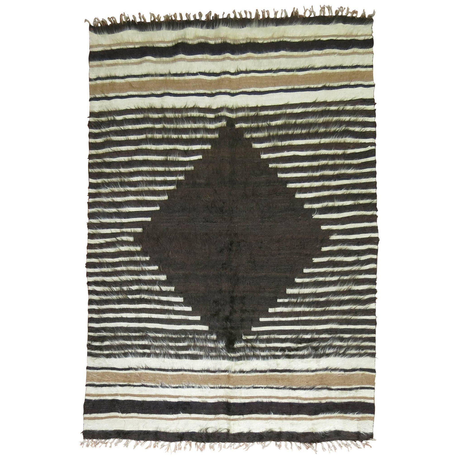 Unique Mid-Century Modern Turkish Mohair Rug 53 x 74 Hand-Woven: Unique Mid-Century Modern Turkish Mohair Rug 53 x 74 Hand-Woven This vintage Turkish Mohair rug, part of the Zabihi Collection, showcases a stunning Mid-Century Modern design. Hand-woven from high-qua