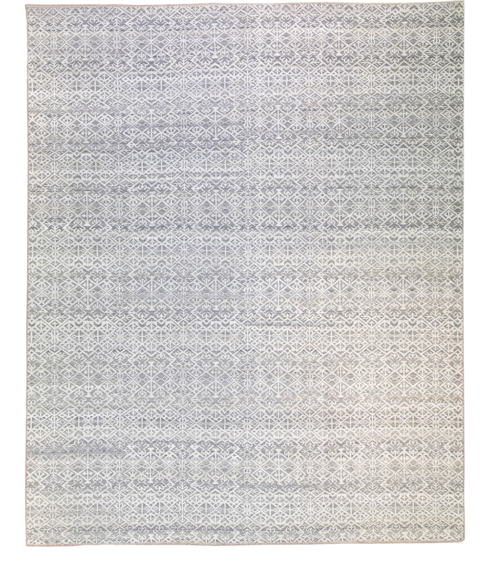 Oversize Gray Ivory Geometric Wool Rug 12' x 14'9': Oversize Gray Ivory Geometric Wool Rug 12' x 14'9' Enhance your living space with this stunning modern hand-knotted wool rug, featuring a gray field and ivory accents that create a striking geometric 