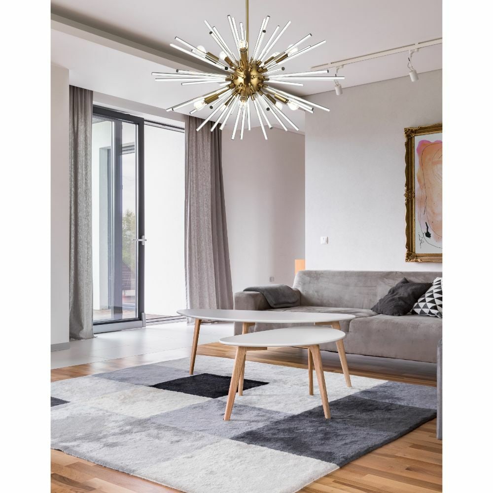 Sienna 10 Light Goldish Glass Rod Chandelier 32 Inch: Sienna 10 Light Goldish Glass Rod Chandelier 32 Inch This modern Sputnik-style chandelier features a gold-colored frame with clear glass rods, creating a striking focal point for any foyer, dining roo