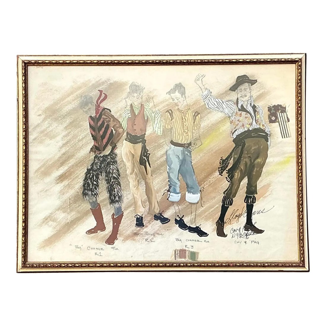 Lloyd Evans signed 1970 opera costume study in gilt frame: Lloyd Evans signed 1970 opera costume study in gilt frame This is an original costume illustration by American designer Lloyd Evans, created in 1970 for the opera double bill Cavalleria Rusticana & Pa