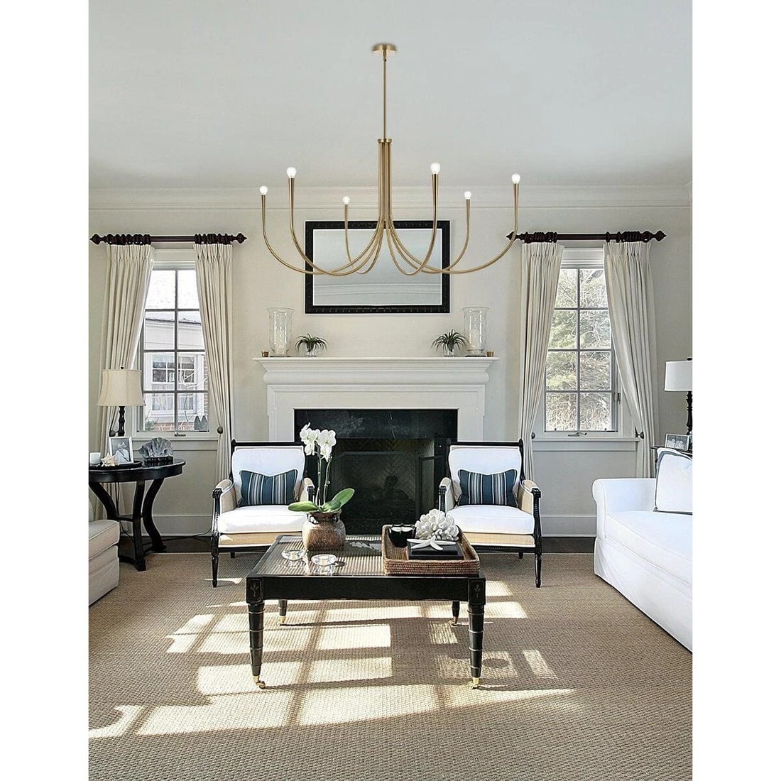 LIVING DISTRICT Layne 6-Light Goldish Satin Gold Chandelier 55 Inch: LIVING DISTRICT Layne 6-Light Goldish Satin Gold Chandelier 55 Inch This large chandelier features a goldish satin gold metal frame in a farmhouse wrought iron style, adding an elegant touch to foyers