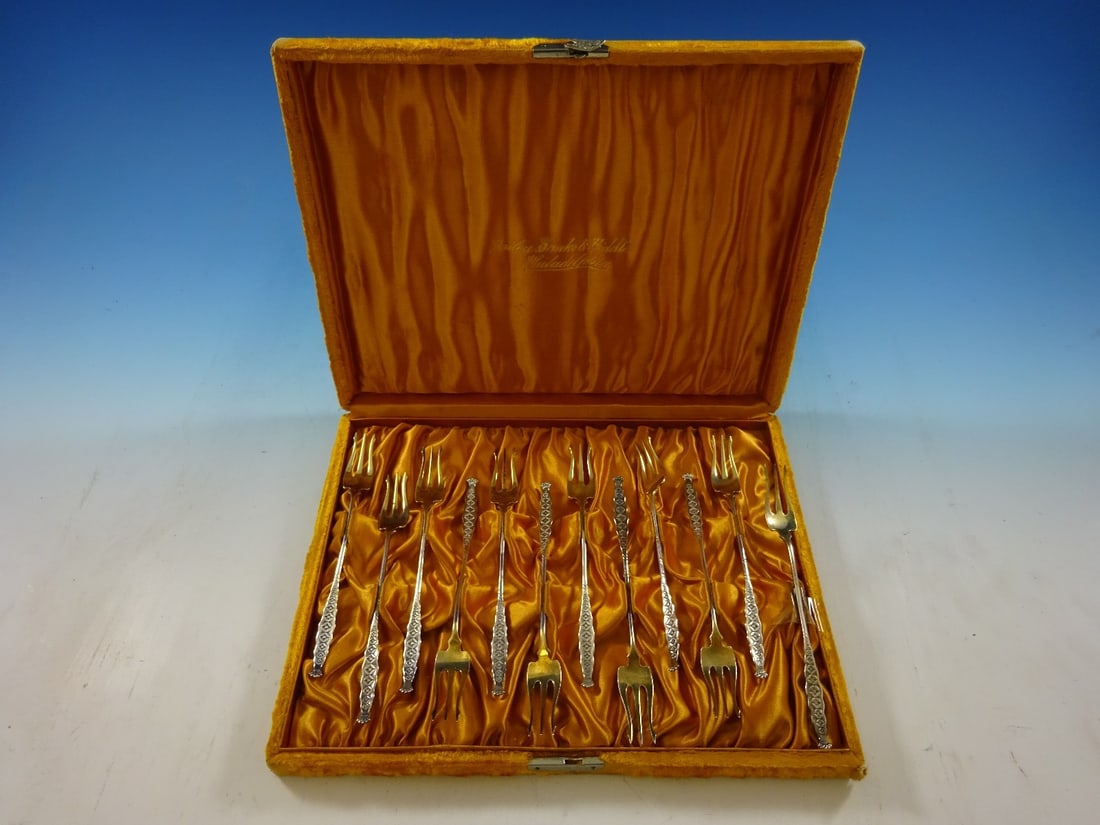 Whiting Sterling Silver Number 10 Set of 12 Cocktail Forks with Original Box: Whiting Sterling Silver Number 10 Set of 12 Cocktail Forks with Original Box Elevate your dining experience with this exquisite set of 12 cocktail forks by Whiting, crafted from high-quality sterling 