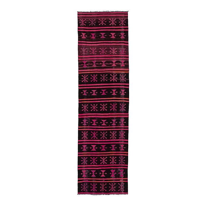 Vintage Wool Kilim Rug 3'x11' Geometric Pink Brown Handmade: Vintage Wool Kilim Rug 3'x11' Geometric Pink Brown Handmade Discover the charm of this exquisite handmade wool flatweave kilim rug, featuring a rich dark brown field embellished with an all-over geome