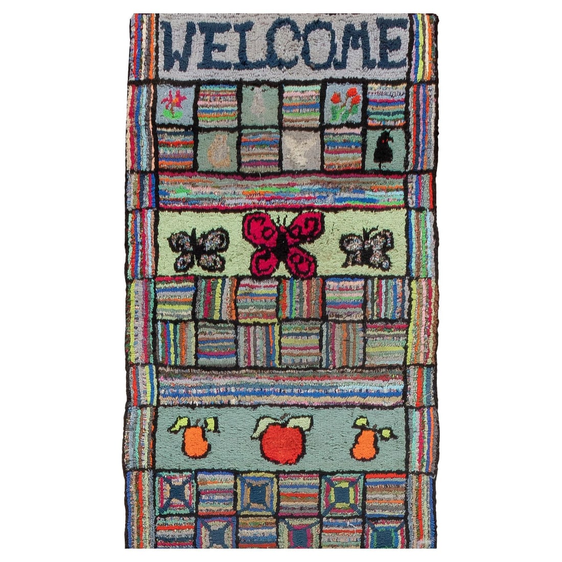 Vibrant American Hand-Knotted Jute Runner 29x225 Country Style: Vibrant American Hand-Knotted Jute Runner 29x225 Country Style This vibrant American hooked runner features a distinctive country style, showcasing a beautiful array of colors. Crafted from durable ju