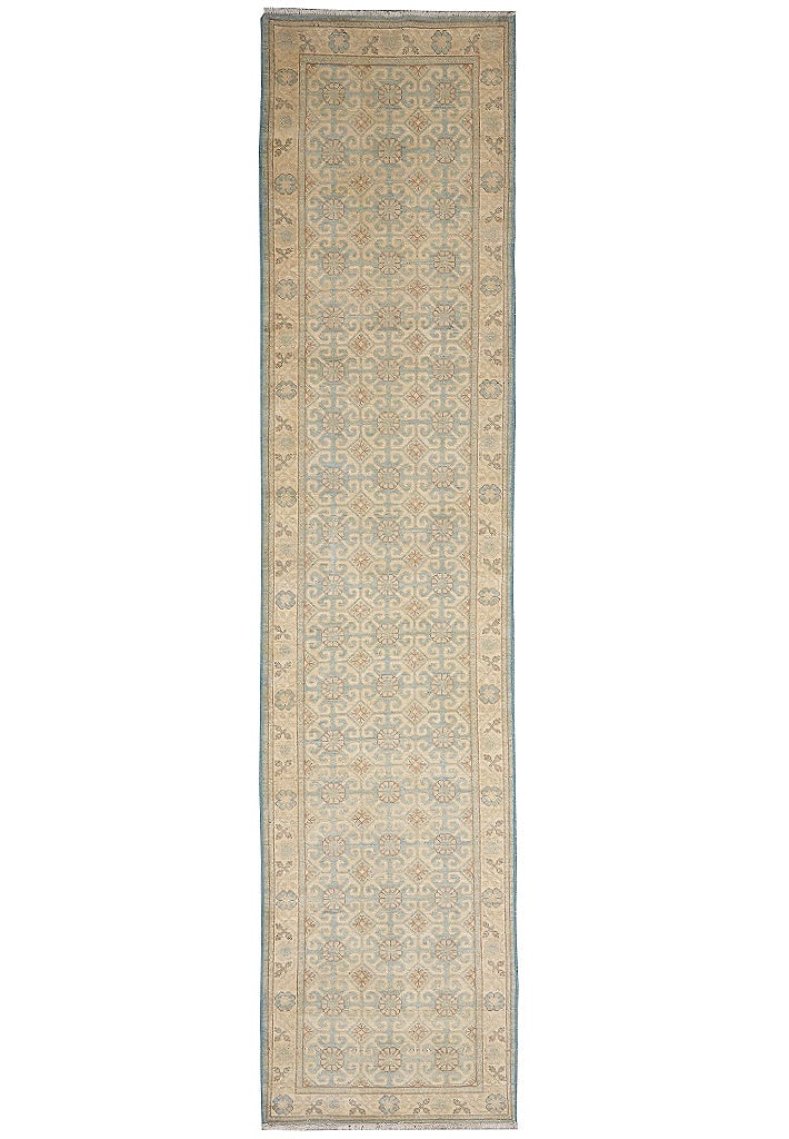 2.9 x 12' Chobi Peshawar Hand Knotted Natural Wool Aqua Green Runner: 2.9 x 12' Chobi Peshawar Hand Knotted Natural Wool Aqua Green Runner Free continental US Shipping Hand-knotted Chobi Peshawar runner made from natural wool, featuring an aqua green background with bei