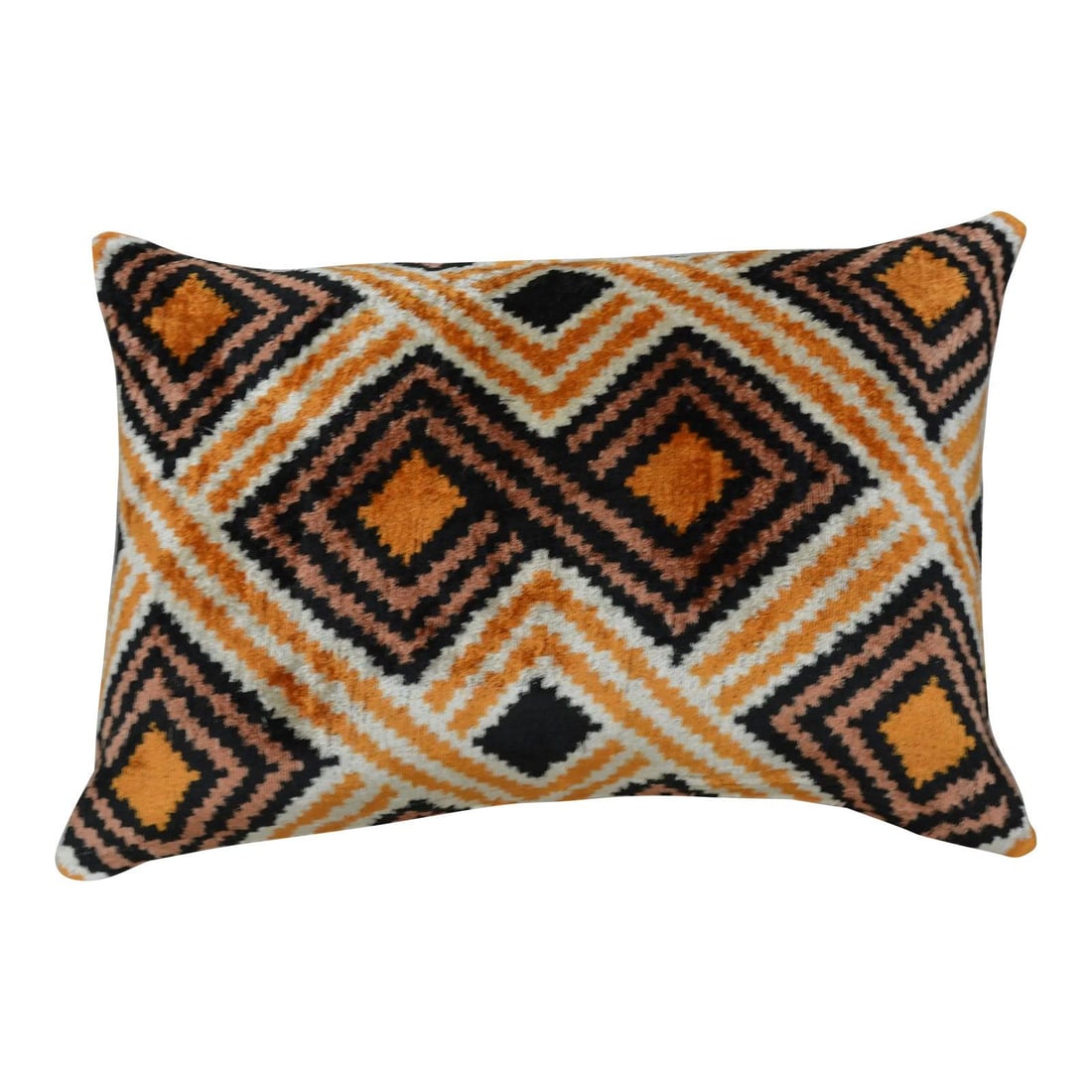 Orange Silk Ikat Velvet Decorative Pillow with Linen Backing and Feather Insert: Orange Silk Ikat Velvet Decorative Pillow with Linen Backing and Feather Insert This hand made silk Uzbek Ikat velvet pillow cushion features a vibrant orange design, complemented by a natural linen b