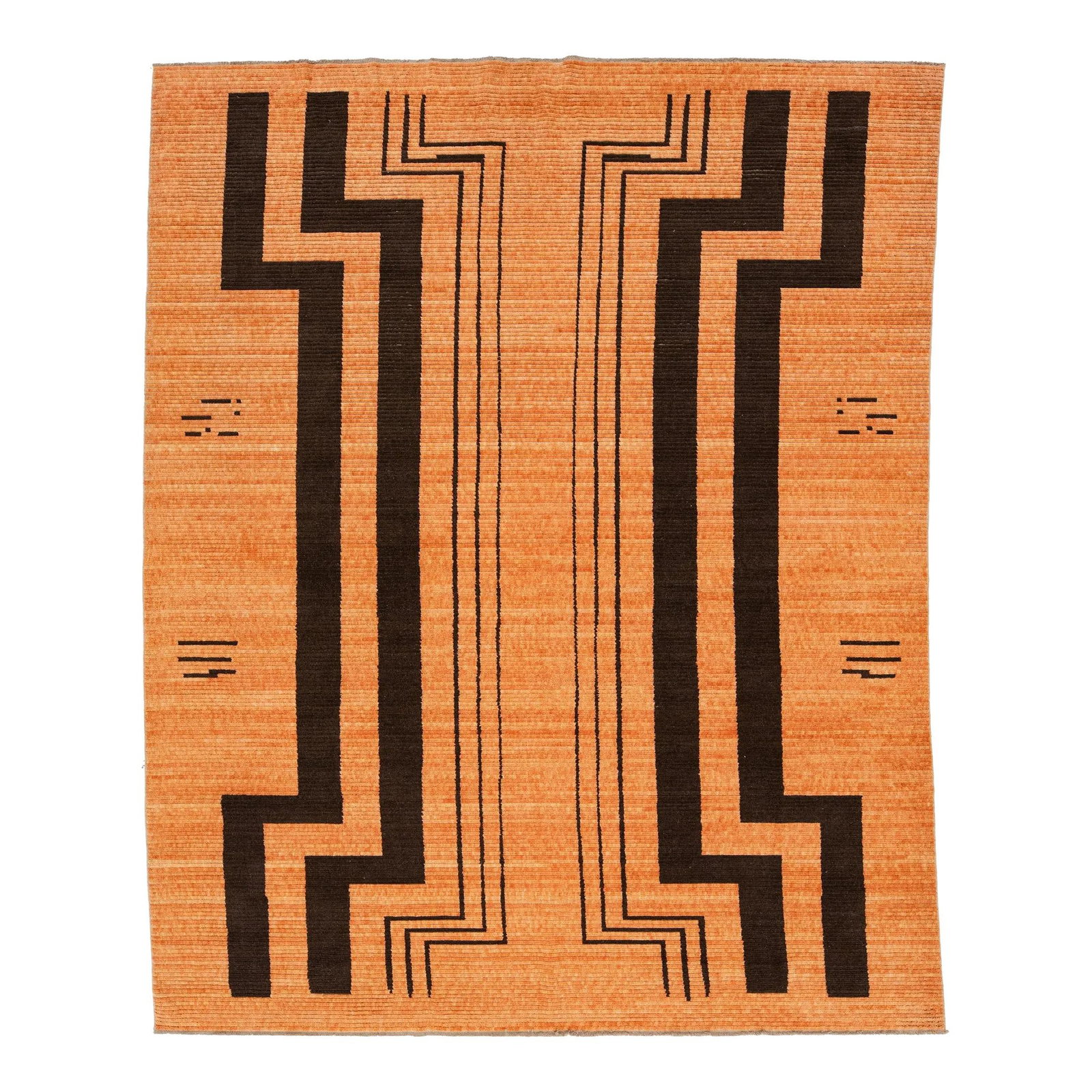 Vibrant Orange 10 x 12 Hand Loomed Wool Rug with Geometric Design: Vibrant Orange 10 x 12 Hand Loomed Wool Rug with Geometric Design This captivating hand-loomed modern wool rug features a vibrant orange background that serves as the perfect canvas for an intricate g
