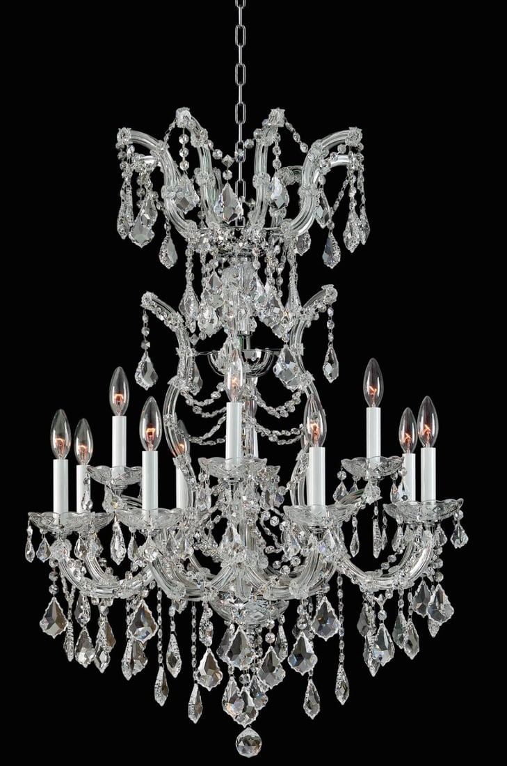 ARTISTRY Alexandria 12-Light Chrome Crystal Chandelier 38 x 26 in: ARTISTRY Alexandria 12-Light Chrome Crystal Chandelier 38 x 26 in This modern chandelier features a chrome-plated frame adorned with high-quality Grand King K9 clear crystals, offering a luxurious and