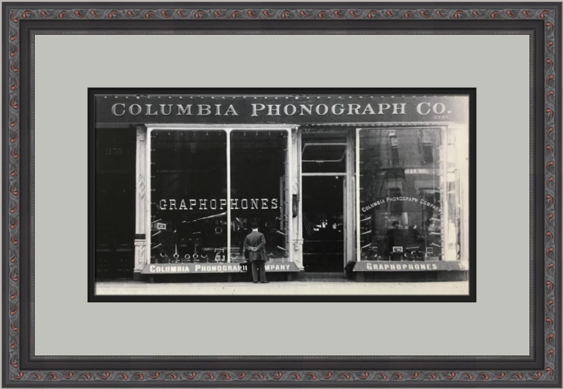 1900 Columbia Phonograph Co Custom Framed Print Modernism Art: 1900 Columbia Phonograph Co Custom Framed Print Modernism Art This stunning custom framed print features the iconic 1900 Columbia Phonograph Company at 27th and Broadway. Created using lithography, th
