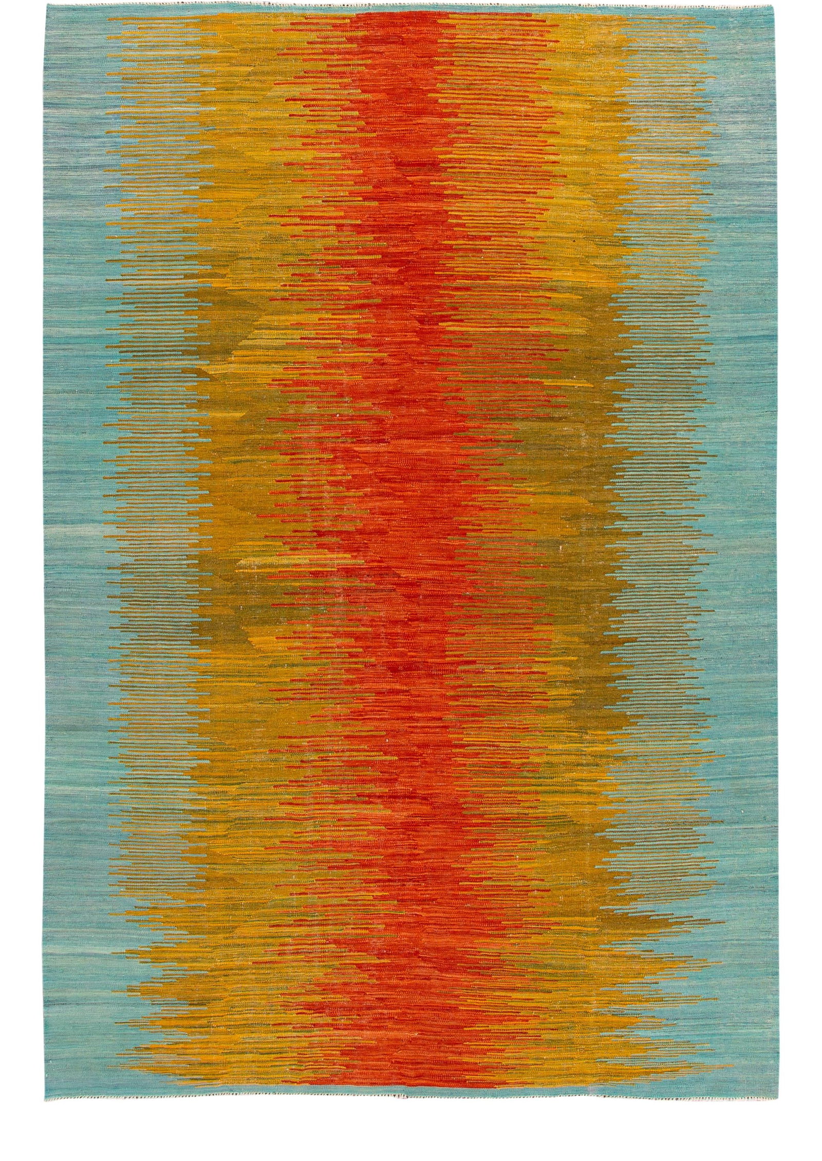 Vibrant Modern Kilim Abstract Wool Rug 7'9 x 11'8: Vibrant Modern Kilim Abstract Wool Rug 7'9 x 11'8 Enhance your living space with this stunning modern Kilim flatweave wool rug. Featuring a vibrant geometric abstract design in shades of orange, yello