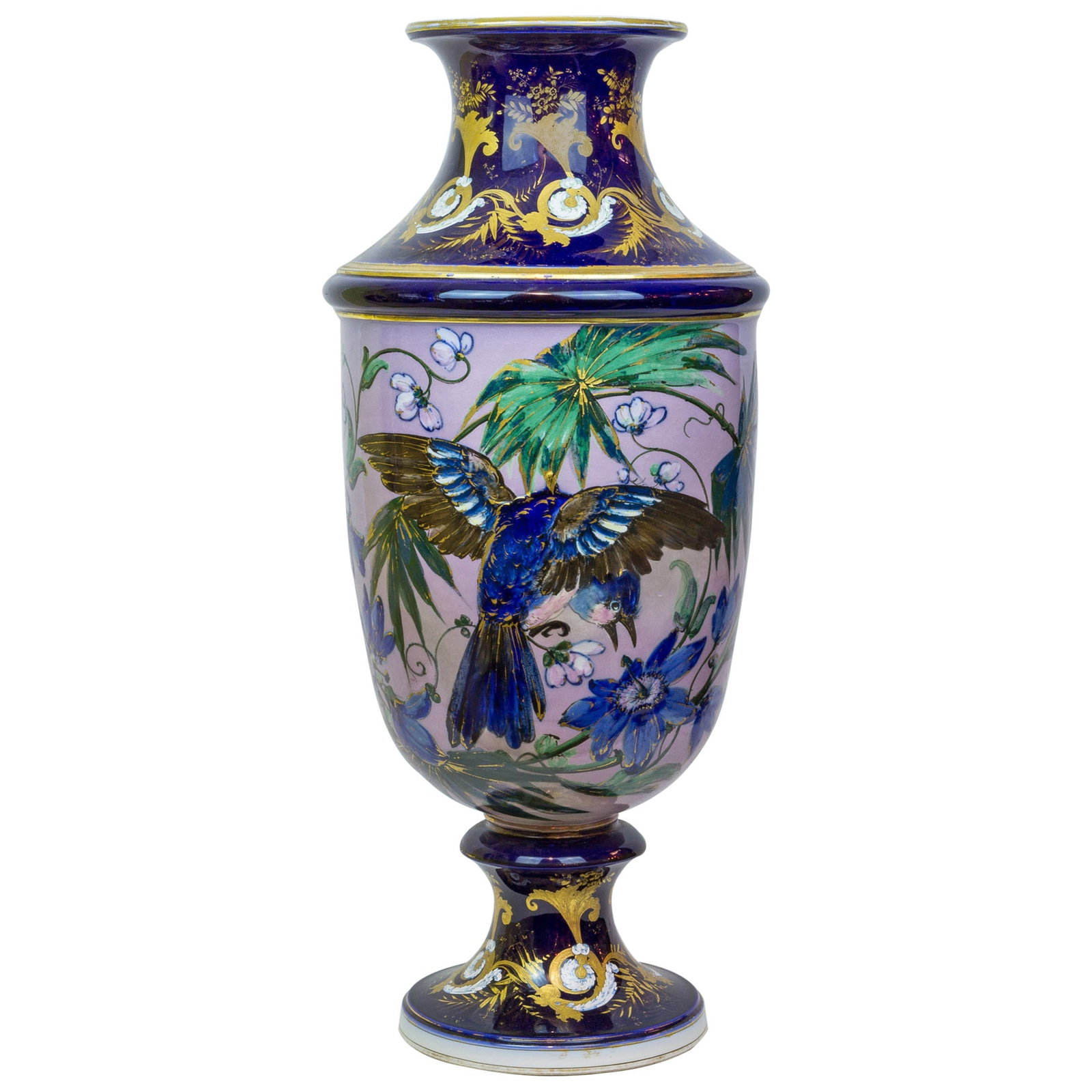 Hand-Painted French Porcelain Aesthetic Movement Vase 32.75 in: Hand-Painted French Porcelain Aesthetic Movement Vase 32.75 in A large and unusual Aesthetic Movement porcelain vase with hand-painted floral and bird decorations. It originates from France and dates 