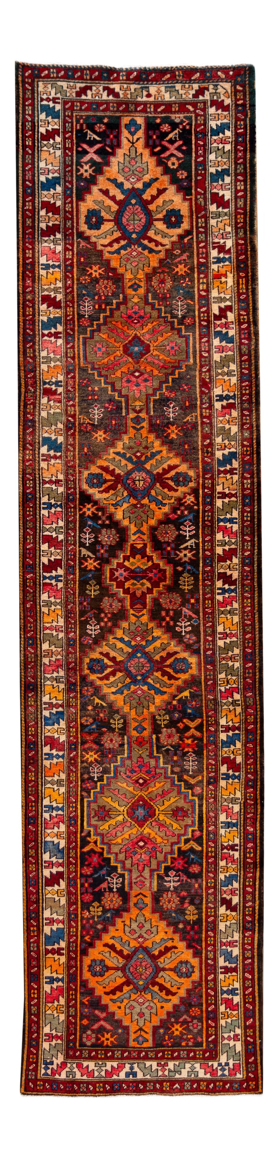 Vintage Persian Malayer Wool Runner Multicolor Floral 3'3 x 13'6: Vintage Persian Malayer Wool Runner Multicolor Floral 3'3 x 13'6 This stunning Vintage Persian Malayer Handmade Wool Runner showcases a beautiful brown field, accented by a vibrant geometric medallion
