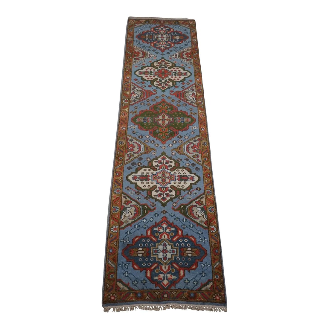 Oriental Hand Knotted Wool Runner Rug Blue 2.5' x 10' (1 of 7)