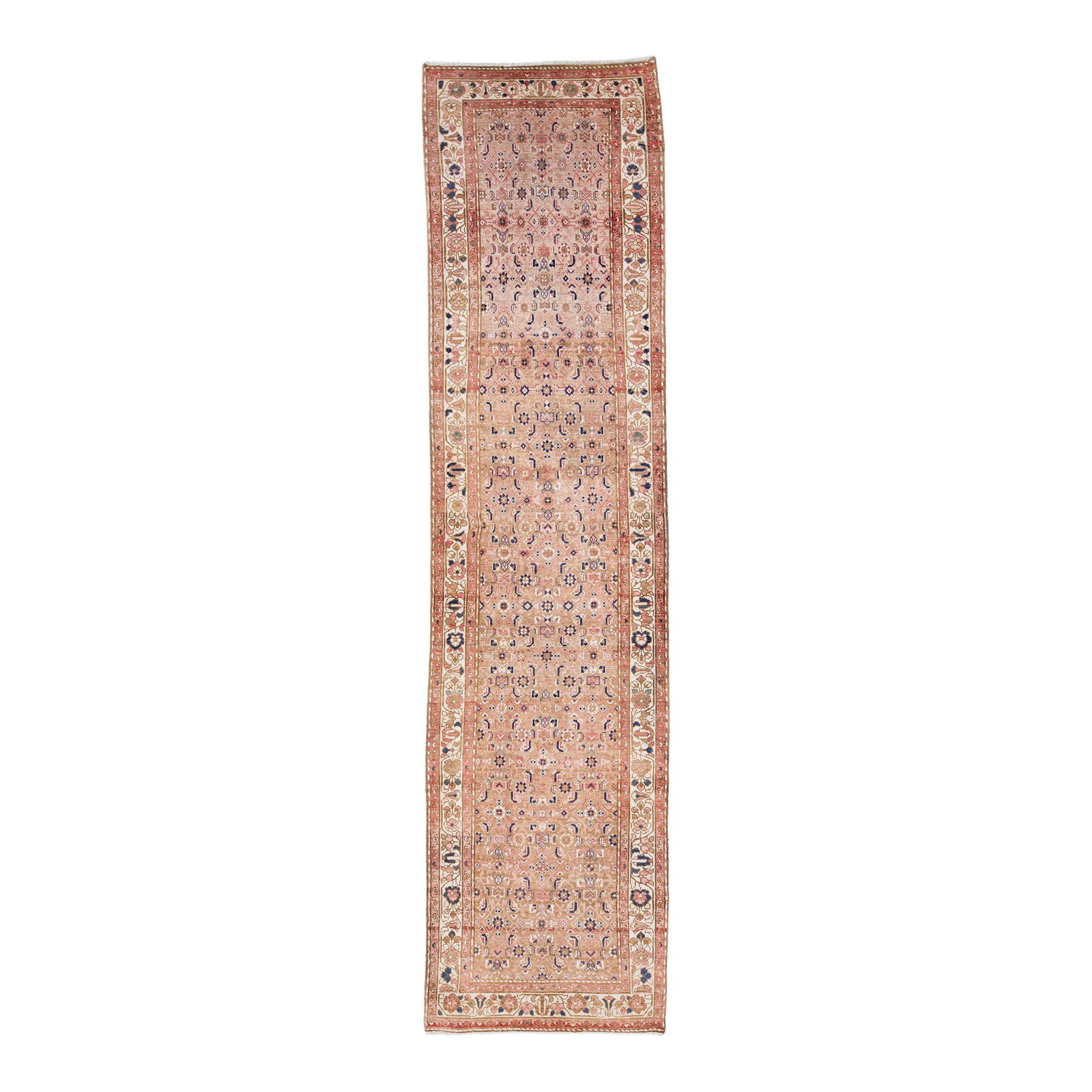 Vintage Persian Malayer Peach Wool Runner Handmade Floral 3'7 x 14'5: Vintage Persian Malayer Peach Wool Runner Handmade Floral 3'7 x 14'5 This stunning vintage Persian Malayer rug features a hand-knotted design, showcasing a beautiful peach field adorned with an ivory 