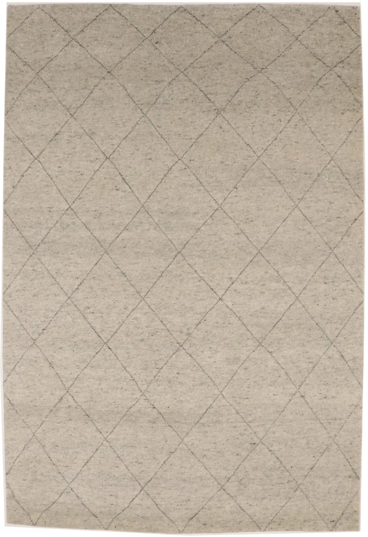 Handmade Moroccan Wool Area Rug 6'2" x 9'1" Modern Geometric Pattern: Handmade Moroccan Wool Area Rug 6'2" x 9'1" Modern Geometric Pattern This hand-knotted Moroccan rug features a plush, high pile with a geometric pattern in cream and beige tones. Made from wool, it of