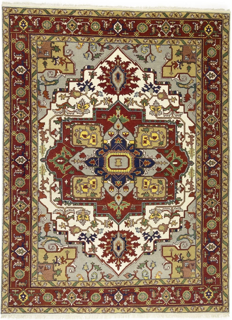 Hand-Knotted Wool Heriz Serapi Floral Rug 8'11 x 11'11 Modern Farmhouse Style: Hand-Knotted Wool Heriz Serapi Floral Rug 8'11 x 11'11 Modern Farmhouse Style This hand-knotted Heriz Serapi area rug features a striking floral pattern in a palette of cream, rusty red, green, beige,