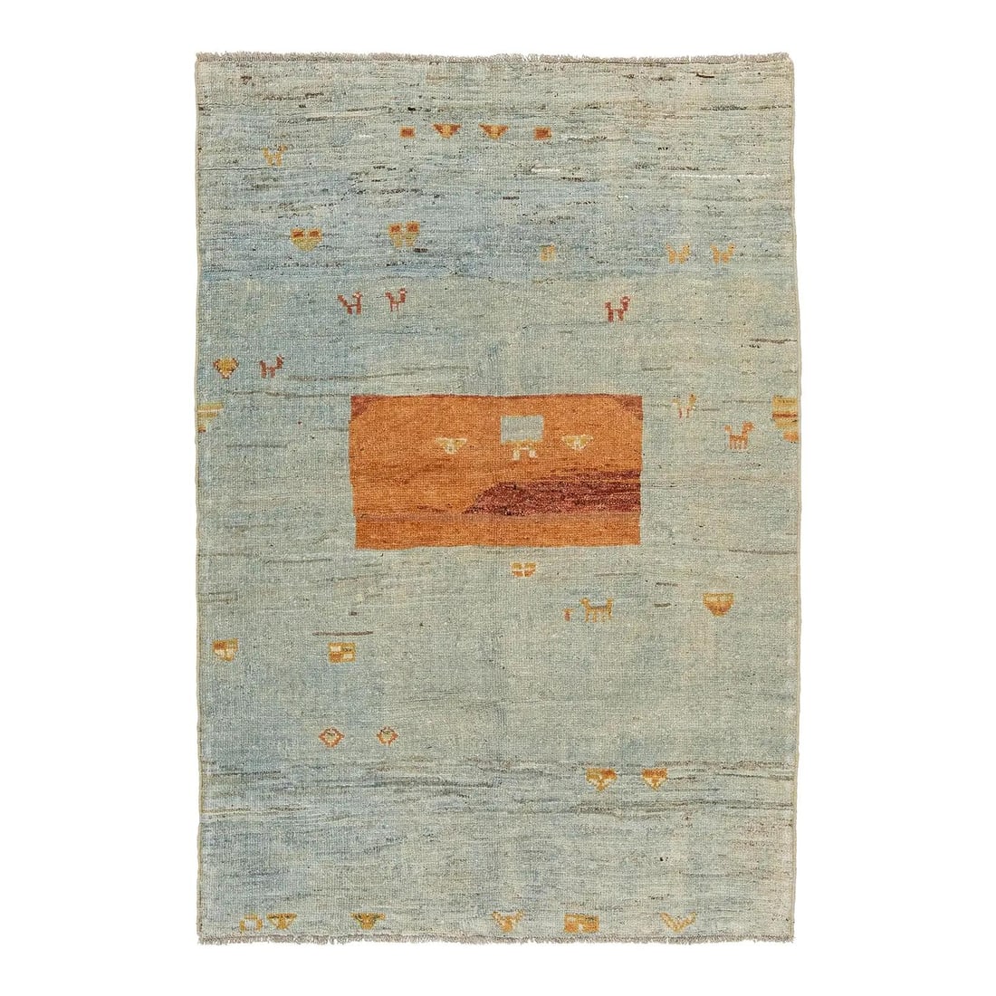 Hand Knotted Gabbeh Wool Rug 4'1 x 5'11 Blue Orange Tribal: Hand Knotted Gabbeh Wool Rug 4'1 x 5'11 Blue Orange Tribal This modern Gabbeh rug is hand-knotted from wool, blending traditional Persian tribal design with a contemporary aesthetic. Featuring a strik
