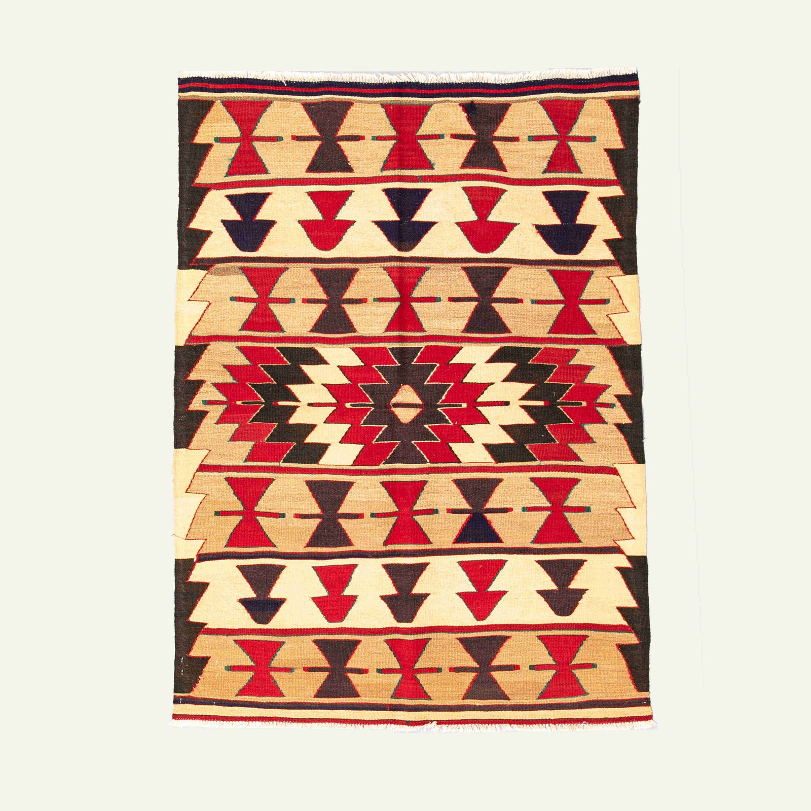 Authentic Anadol Handmade Wool Kilim 40.2 x 55.9 Inches: Authentic Anadol Handmade Wool Kilim 40.2 x 55.9 Inches Experience the beauty of traditional craftsmanship with this Authentic Handmade Anadol Wool on Wool Kilim. Originating from Anadol, this exquisi