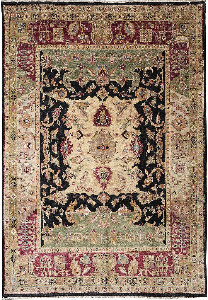 Handmade India Wool Area Rug 101 x 138 Inch Black Burgundy Green: Handmade India Wool Area Rug 101 x 138 Inch Black Burgundy Green Free continental US Shipping This handmade area rug from India features a hand-knotted construction using high-quality wool, offering a