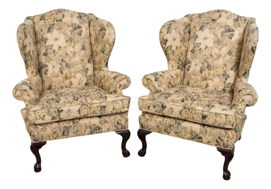 Ethan Allen Wingback Chairs Pair Floral Print Chippendale Style (1 of 10)