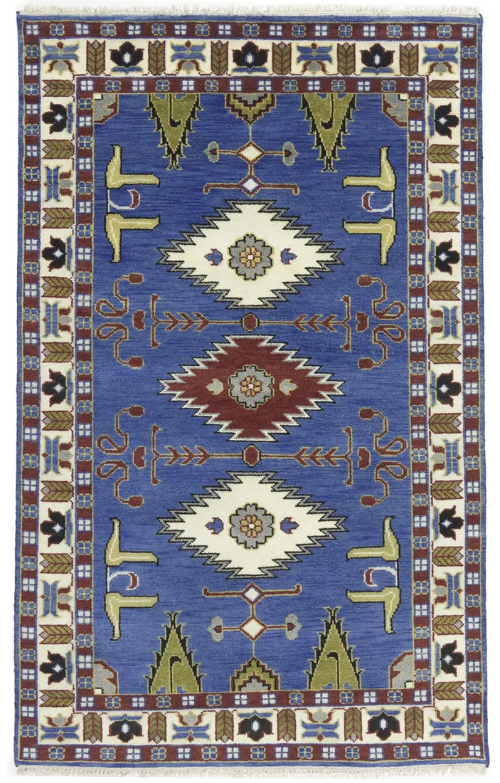 Hand-Knotted Wool Area Rug with Modern Tribal Geometric Pattern 5'0 x 8'0: Hand-Knotted Wool Area Rug with Modern Tribal Geometric Pattern 5'0 x 8'0 This Kazak area rug features a geometric tribal design in shades of blue, cream, red, buff, beige, light gray, and dark brown.