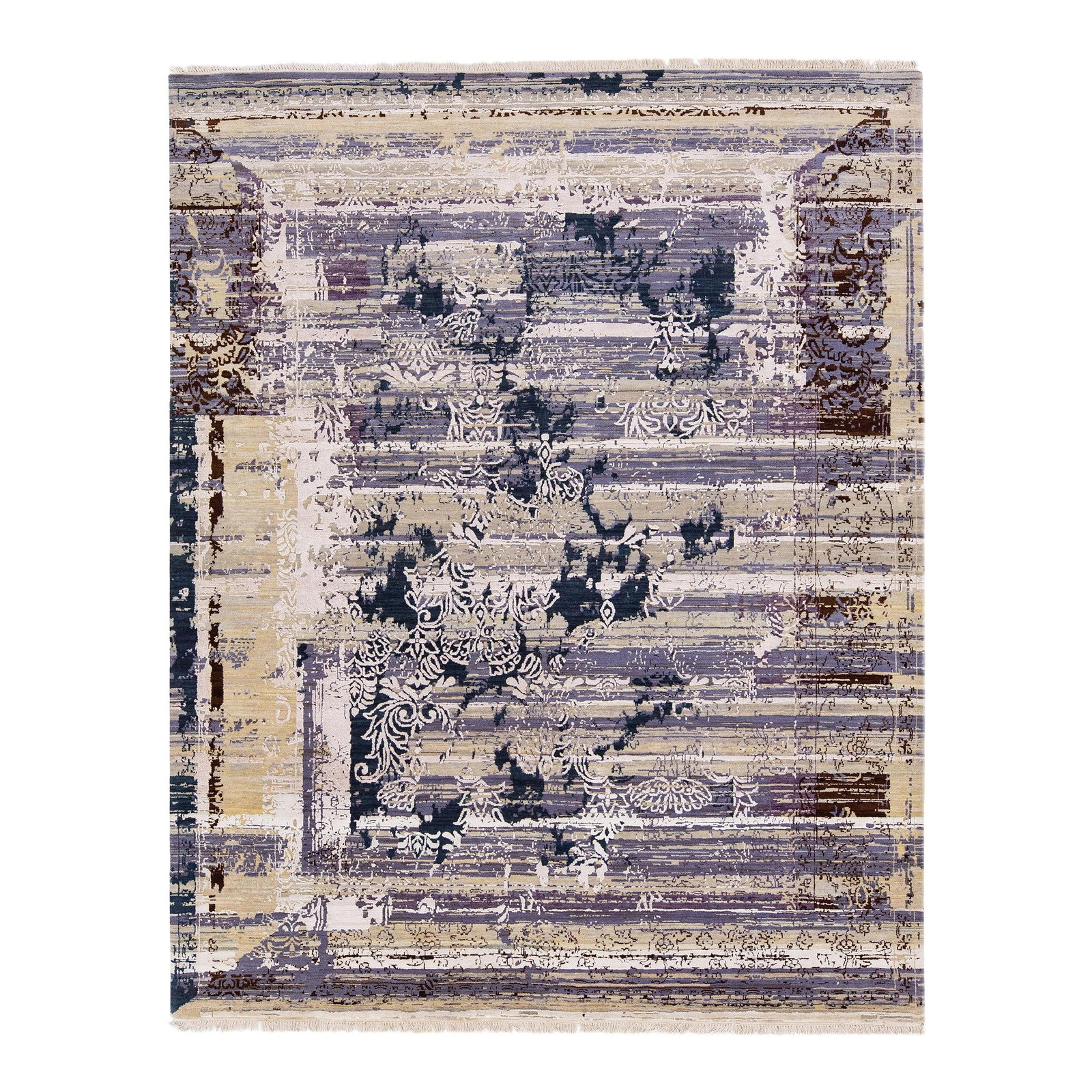 Handmade Gray Wool Silk Tibetan Rug 8' x 10' Modern Design: Handmade Gray Wool Silk Tibetan Rug 8' x 10' Modern Design Enhance your living space with this exquisite modern Tibetan rug, skillfully handmade from a durable blend of Tibetan and Indian wool and sil