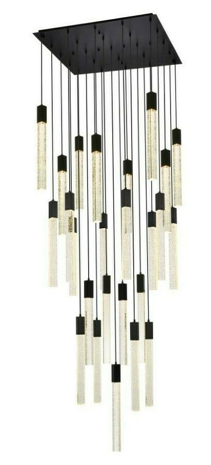 Weston 25 Light Black Crystal Pendant Chandelier 36 in: Weston 25 Light Black Crystal Pendant Chandelier 36 in Modern black crystal pendant chandelier with a polished finish and clear seeded crystal bar details. It is a hardwired indoor fixture with a down