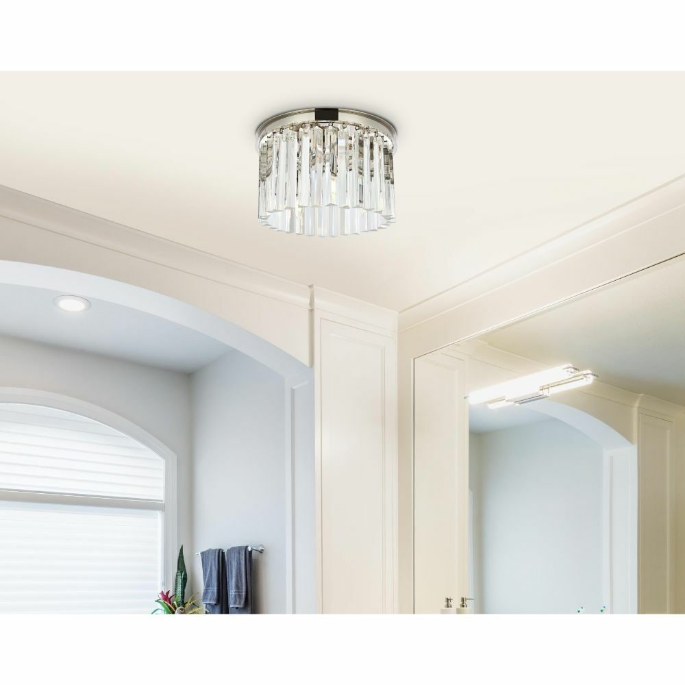 Lighting Sydney 3 Light Crystal Flush Mount Polished Nickel: Lighting Sydney 3 Light Crystal Flush Mount Polished Nickel Modern flush mount chandelier with clear royal cut crystals and a polished nickel frame. It is a 3-light indoor fixture with downward and in