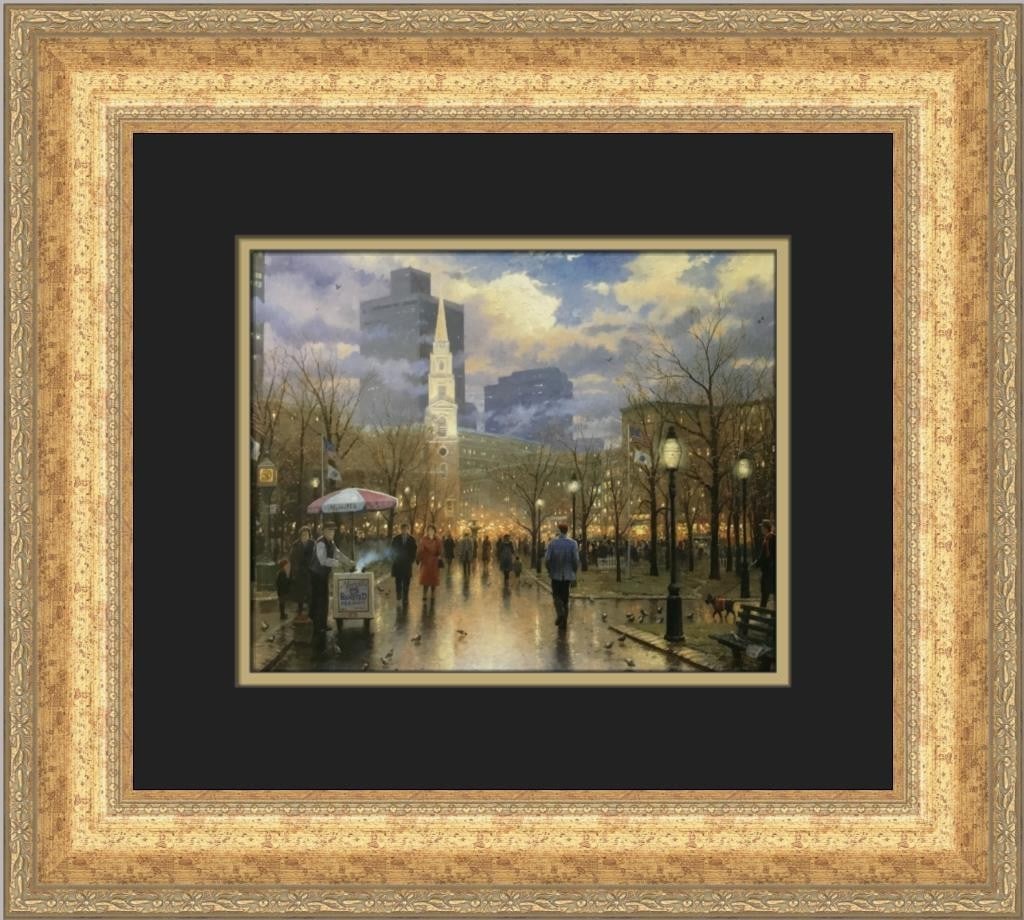 Thomas Kinkade Evening Stroll Custom Framed Art Print 16 x 18: Thomas Kinkade Evening Stroll Custom Framed Art Print 16 x 18 Experience the charm of a serene evening stroll with this beautiful print by Thomas Kinkade, titled "Evening Stroll Through The Commons." 