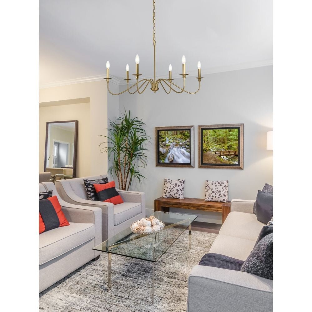 Living District Rohan 6 Light Satin Gold 36 in Chandelier: Living District Rohan 6 Light Satin Gold 36 in Chandelier Modern farmhouse chandelier in a satin gold finish with a 6-light metal frame. It is hardwired, dimmable, and height-adjustable, with upward a