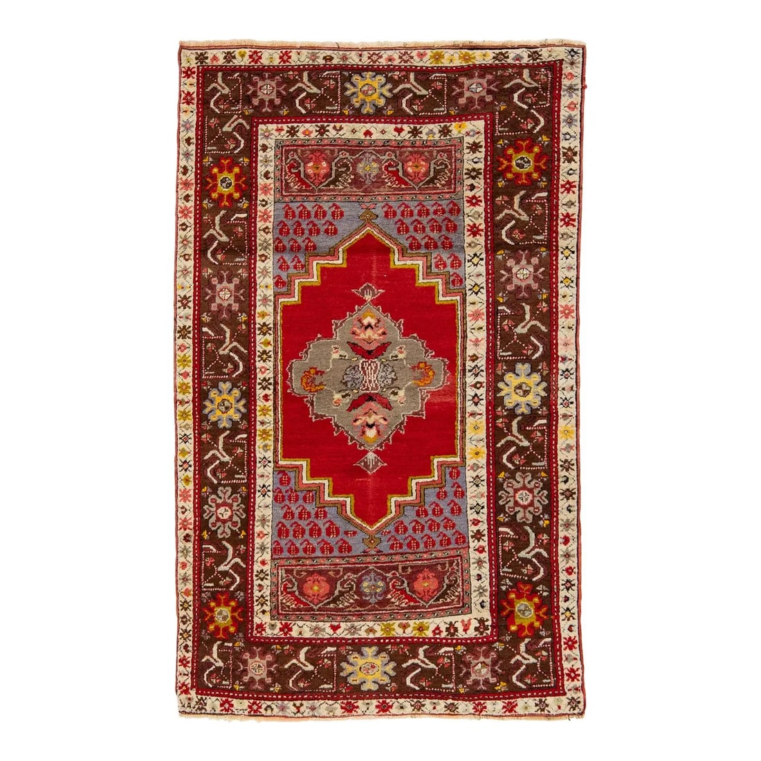 Vintage Khotan Wool Rug Red Medallion Design 3'5 x 5'8: Vintage Khotan Wool Rug Red Medallion Design 3'5 x 5'8 Enhance your space with this exquisite vintage handmade Khotan wool rug. Featuring a vibrant red field adorned with multicolored accents, it show