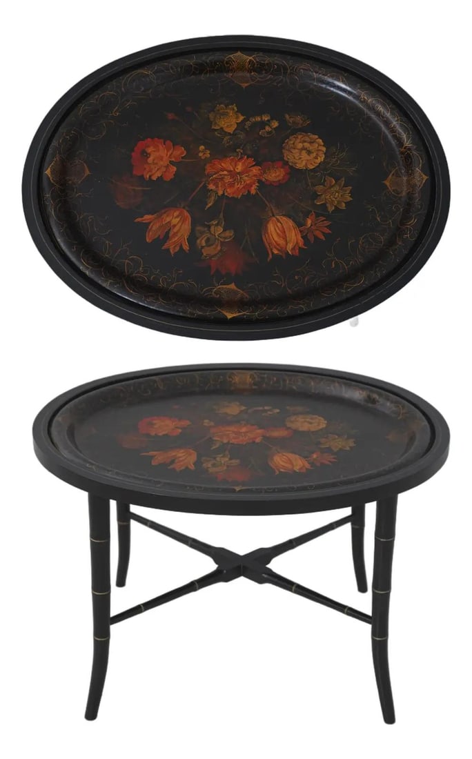 Regency Style Hand Painted Tole Tray Table With Faux Bamboo Base (1 of 10)