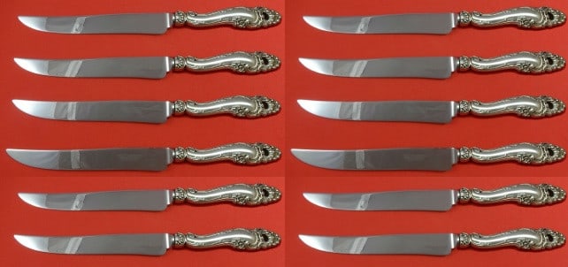Gorham Decor Sterling Silver Steak Knife Set 12 pcs 8.5": Gorham Decor Sterling Silver Steak Knife Set 12 pcs 8.5" This custom set of 12 steak knives by Gorham features a beautiful Decor pattern, crafted from sterling silver with a hollow handle designed for