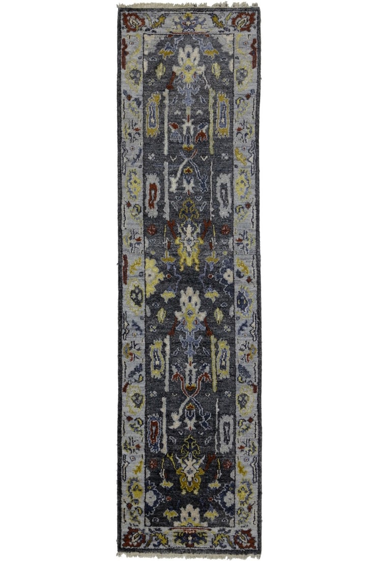 Osh Chobi Wool Runner Rug 2'6 x 9'9 Floral Muted Tones: Osh Chobi Wool Runner Rug 2'6 x 9'9 Floral Muted Tones This Osh Chobi Oriental runner rug features a modern floral pattern in muted tones including charcoal, cream, gold, gray, and rusty red. Hand-kno