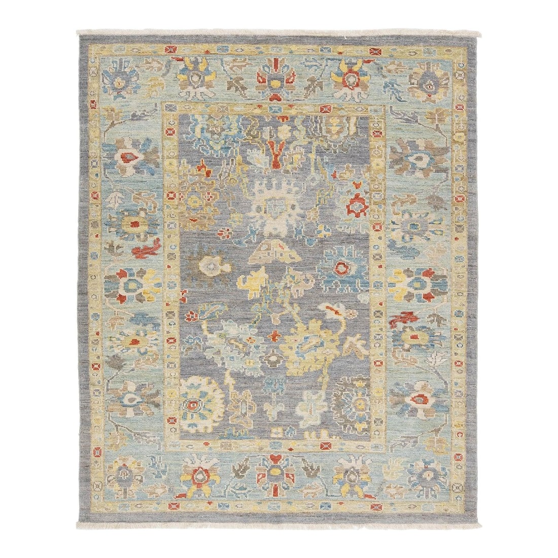 Slate Blue Floral Wool Rug Hand-Knotted in Modern Sultanabad Style 5'9" x 7'1": Slate Blue Floral Wool Rug Hand-Knotted in Modern Sultanabad Style 5'9" x 7'1" This Modern Sultanabad rug features a hand-knotted construction from high-quality wool, blending traditional Persian
