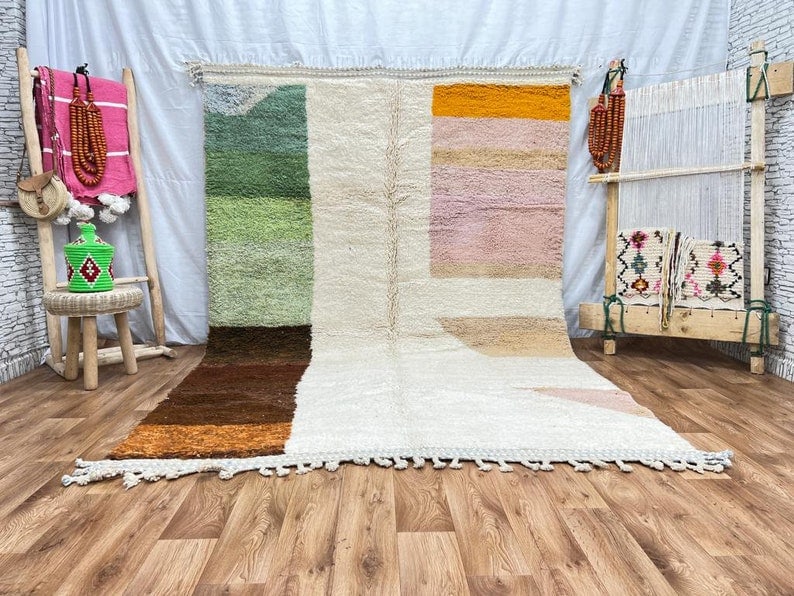 Handwoven Colorful Rug 100% Local Sheep Wool Morocco: Handwoven Colorful Rug 100% Local Sheep Wool Morocco Discover the charm of this Elegant Authentic Colorful Rug, handwoven in the breathtaking Atlas Mountains by skilled local Berber women weavers.