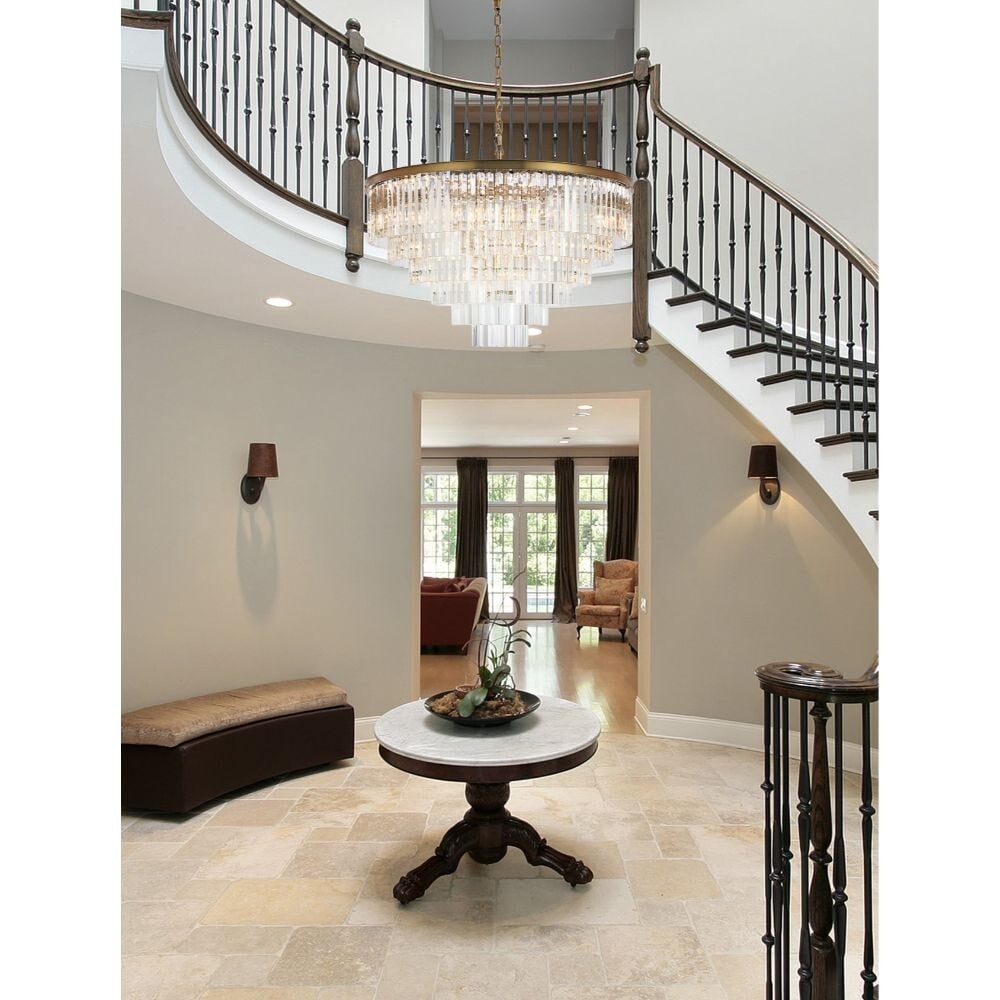 Satin Gold Sydney 33-Light Crystal Chandelier 44 Inch: Satin Gold Sydney 33-Light Crystal Chandelier 44 Inch This large modern chandelier features a satin gold finish with clear Royal Cut crystals, offering a striking and elegant centerpiece for foyers, d