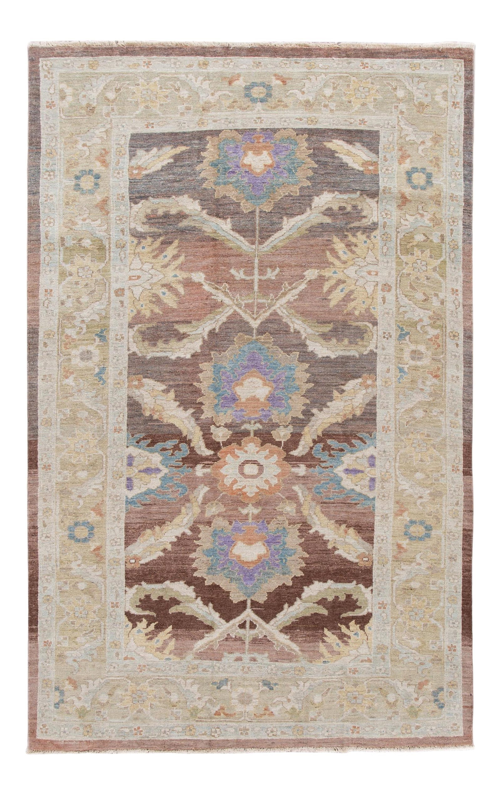 Handmade Brown Floral Sultanabad Wool Rug 6'2 x 9'8: Handmade Brown Floral Sultanabad Wool Rug 6'2 x 9'8 Enhance your space with this exquisite Modern Sultanabad hand-knotted wool rug. Featuring a rich brown field and a stylish beige frame, this rug is 